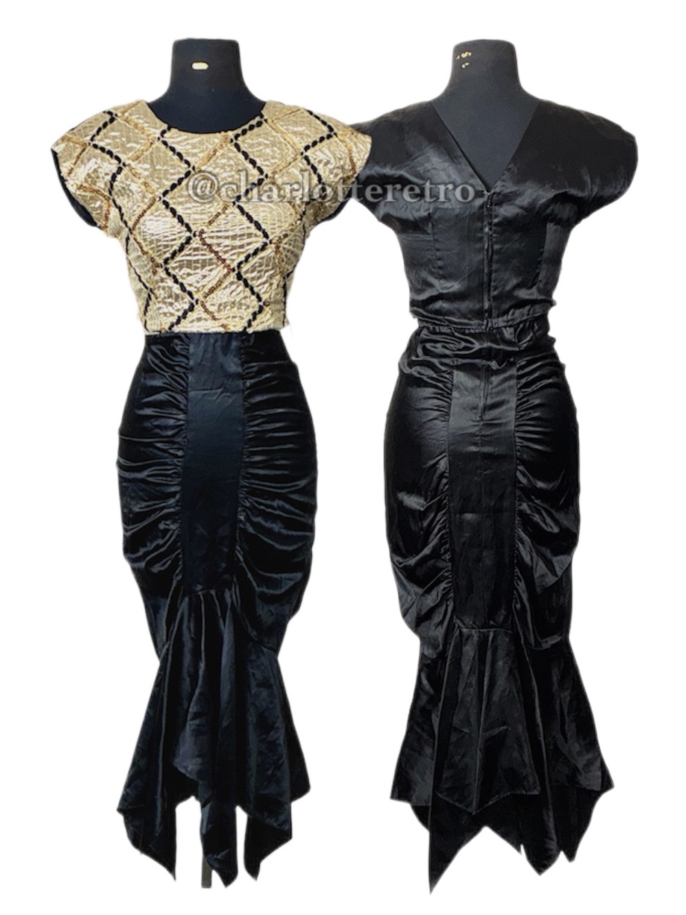80s vtg Diamonds Run Black & Gold Lamé Party Dress • USA